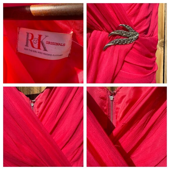 Vintage 60s Dress Fit Flare Chiffon Hot Pink Fuchsia Sleeveless V Neck Size M/L - Picture 9 of 12